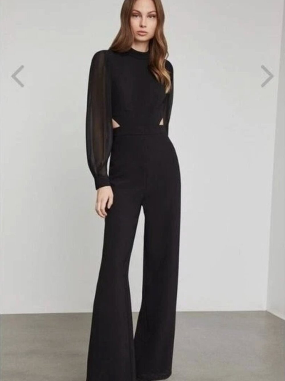 BCBGMaxazria Mock Neck Wide Leg Jumpsuit Sheer Long Sleeve Cut Out
